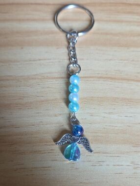 Silver Angel Keychain/Zipper-Pull with Blue Beaded Accent